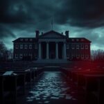 Flick International Iconic Harvard University campus buildings under a stormy sky, symbolizing educational conflict and scrutiny.