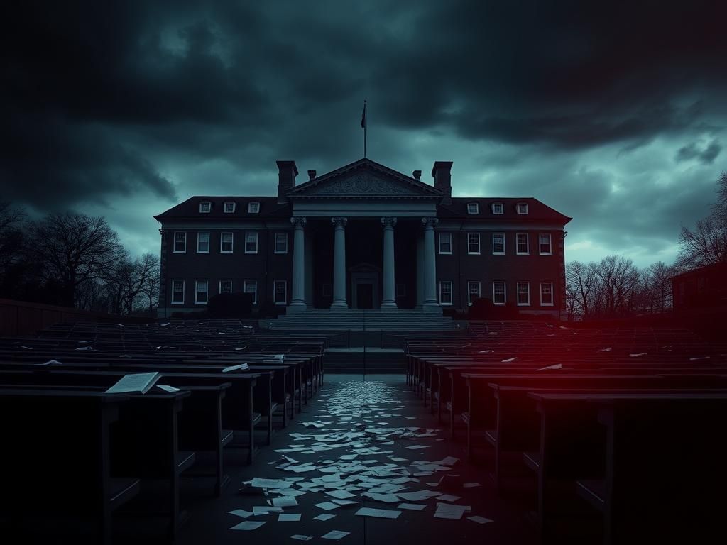 Flick International Iconic Harvard University campus buildings under a stormy sky, symbolizing educational conflict and scrutiny.