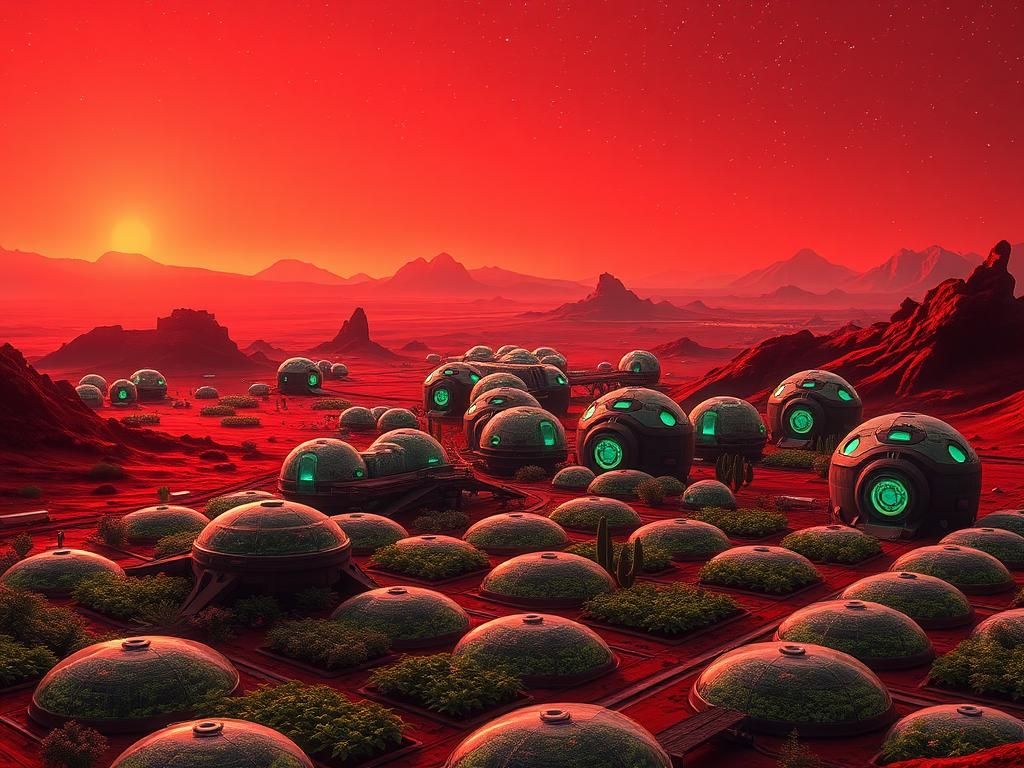 Flick International Futuristic Martian landscape with biodomes and greenhouses