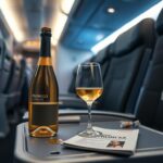 Flick International Close-up view of an empty airplane seat with spilled Prosecco and a wine glass
