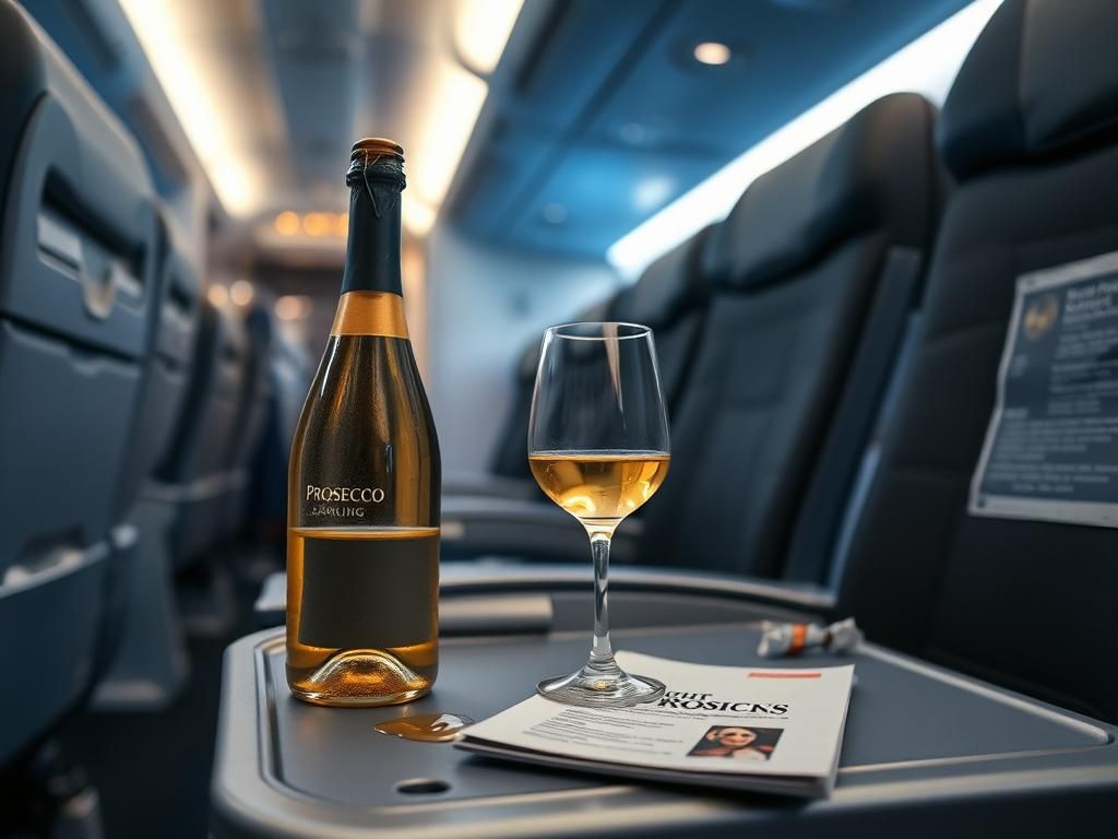 Flick International Close-up view of an empty airplane seat with spilled Prosecco and a wine glass