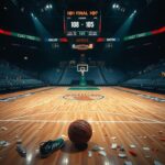 Flick International A dramatic basketball arena scene showcasing the Knicks and Celtics logos on the hardwood court