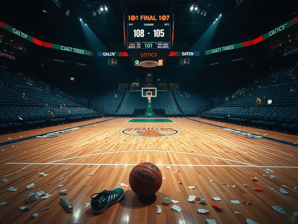 Flick International A dramatic basketball arena scene showcasing the Knicks and Celtics logos on the hardwood court