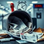 Flick International Open mailbox overflowing with unaddressed envelopes and official documents, symbolizing delays in REAL ID processing.