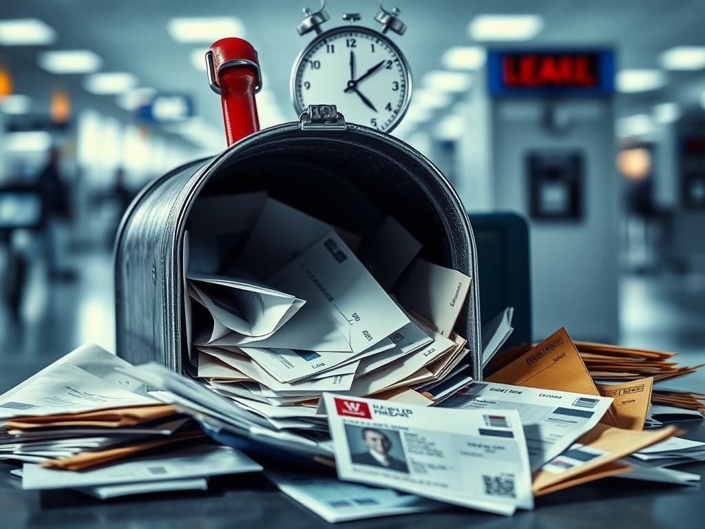 Flick International Open mailbox overflowing with unaddressed envelopes and official documents, symbolizing delays in REAL ID processing.