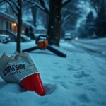 Flick International A snowy suburban street at dawn with red Solo cup and Stop & Shop bag