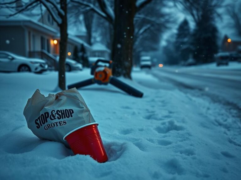 Flick International A snowy suburban street at dawn with red Solo cup and Stop & Shop bag