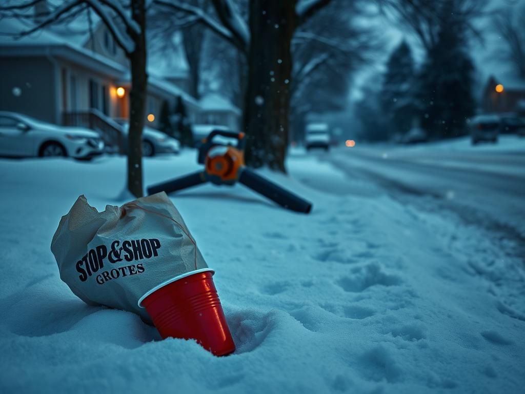 Flick International A snowy suburban street at dawn with red Solo cup and Stop & Shop bag