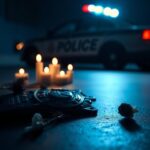 Flick International Dimly lit police badge surrounded by wilting flowers and flickering candles