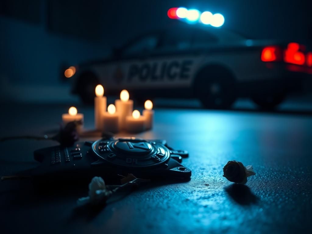 Flick International Dimly lit police badge surrounded by wilting flowers and flickering candles