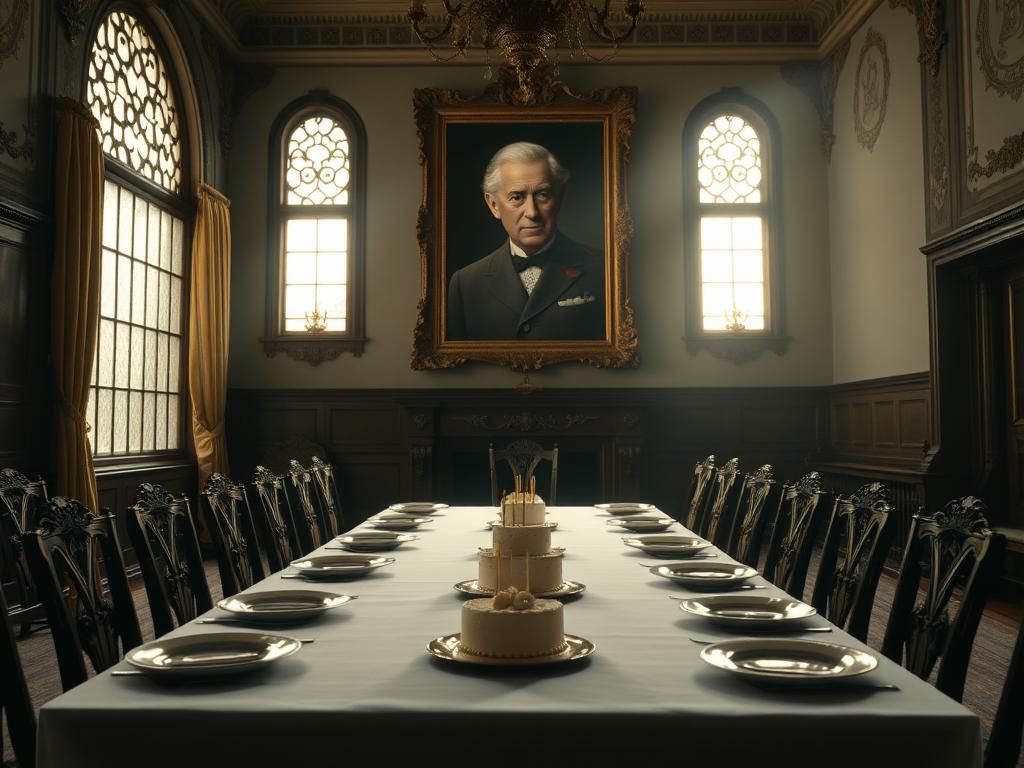 Flick International Somber atmosphere in a grand, empty room at Windsor Castle adorned with royal decor.