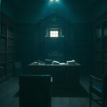 Flick International Dimly lit judge's chamber with an ornate wooden desk and legal documents