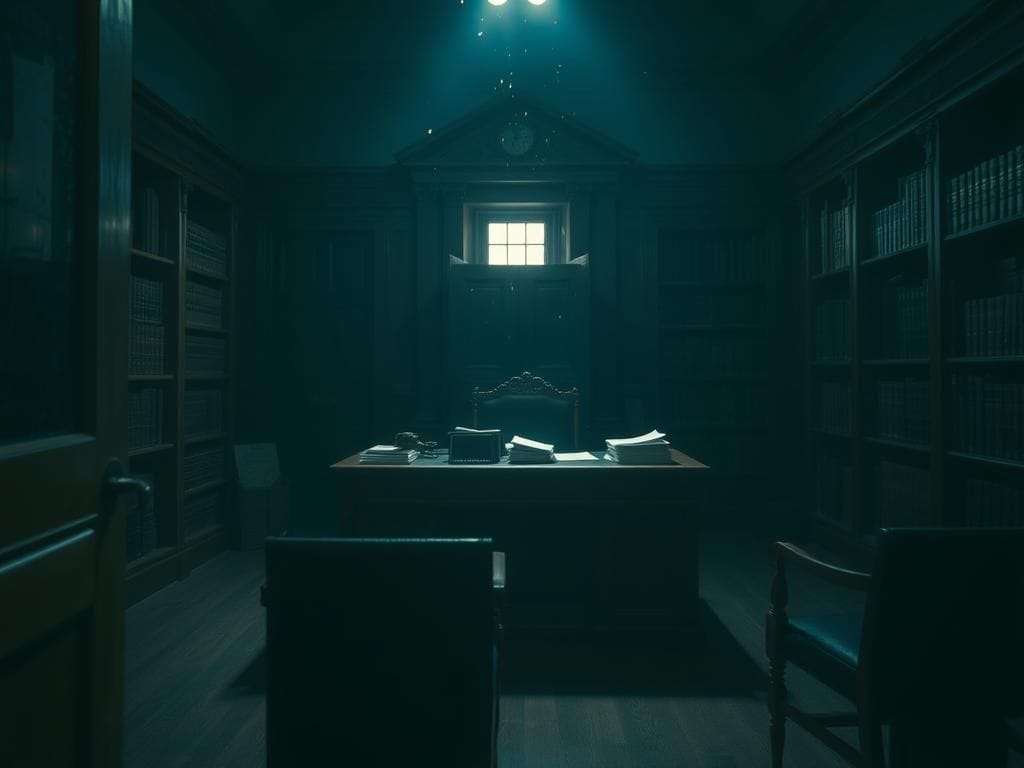 Flick International Dimly lit judge's chamber with an ornate wooden desk and legal documents