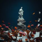 Flick International Dimly lit abstract representation of a fractured political landscape with a crumbling statue and wilted flowers