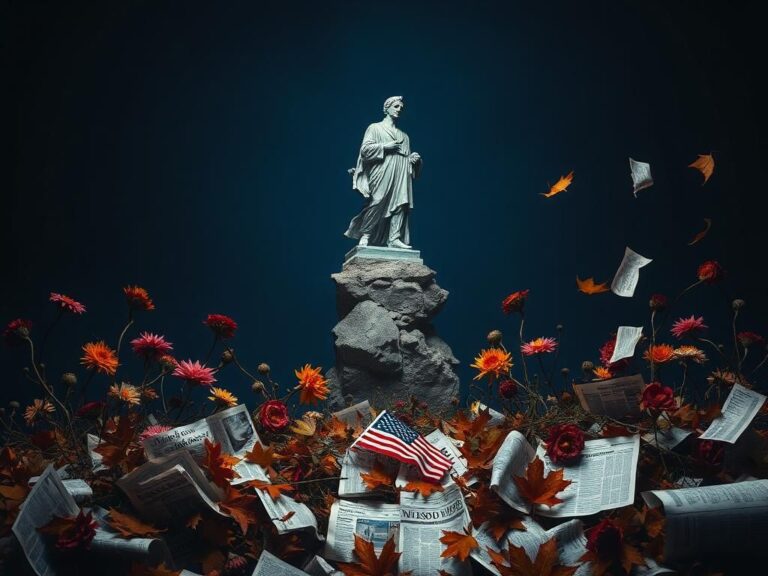 Flick International Dimly lit abstract representation of a fractured political landscape with a crumbling statue and wilted flowers