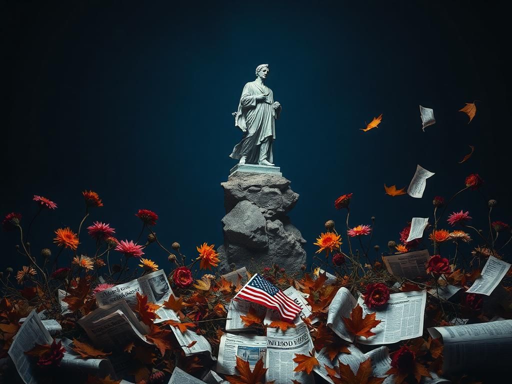 Flick International Dimly lit abstract representation of a fractured political landscape with a crumbling statue and wilted flowers