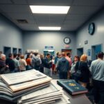 Flick International A busy DMV office with a long line of individuals waiting for service
