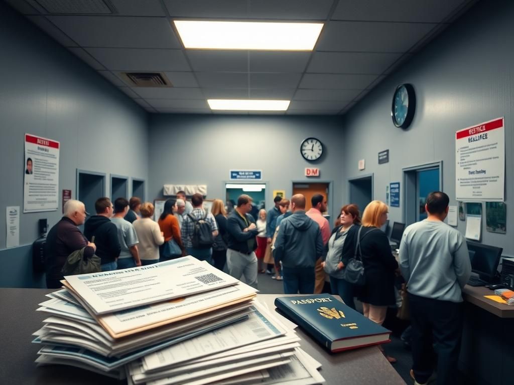 Flick International A busy DMV office with a long line of individuals waiting for service