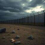 Flick International A somber border landscape with a partially constructed wall and abandoned child's toy