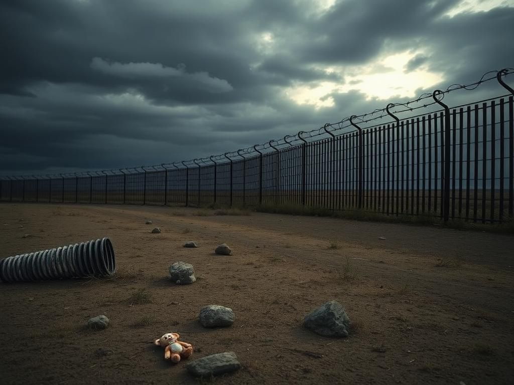 Flick International A somber border landscape with a partially constructed wall and abandoned child's toy
