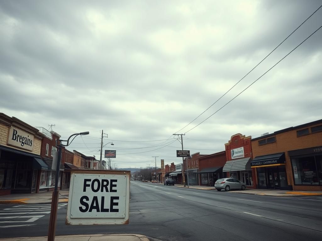 Flick International Desolate commercial area in a St. Louis suburb with a weathered 'For Sale' sign