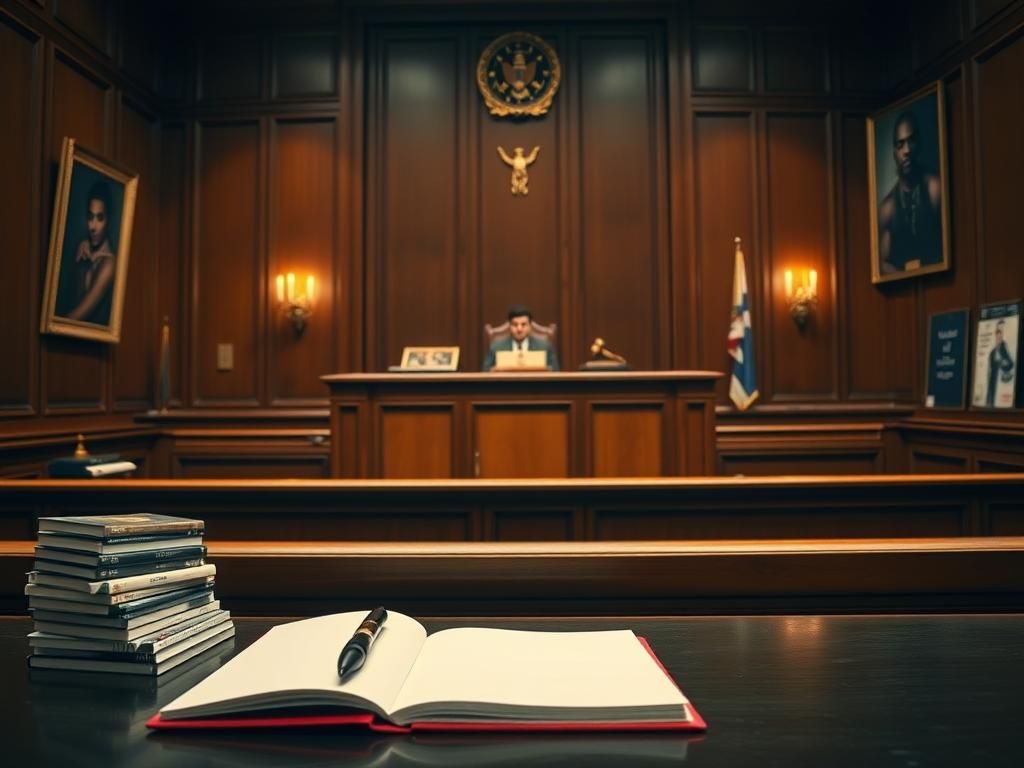 Flick International Courtroom setting with empty jury box emphasizing solemnity and anticipation