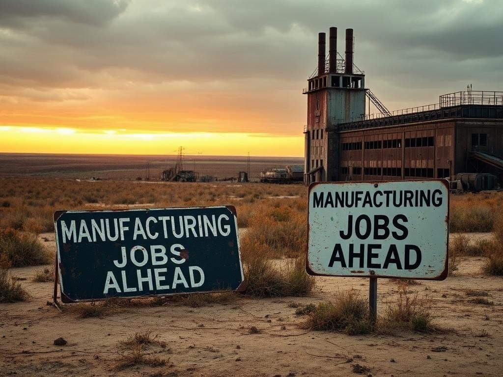 Flick International A desolate landscape depicting the decline of American manufacturing with an abandoned factory and overgrown grass