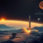 Flick International Dramatic view of a futuristic landscape with spacecraft designs representing NASA and private companies