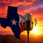 Flick International Abstract representation of the Texas state flag with a vibrant sunset background