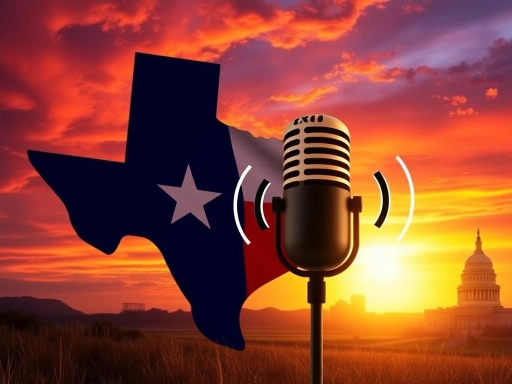 Flick International Abstract representation of the Texas state flag with a vibrant sunset background