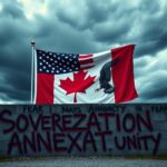 Flick International Canadian and American flags intertwined against a stormy sky