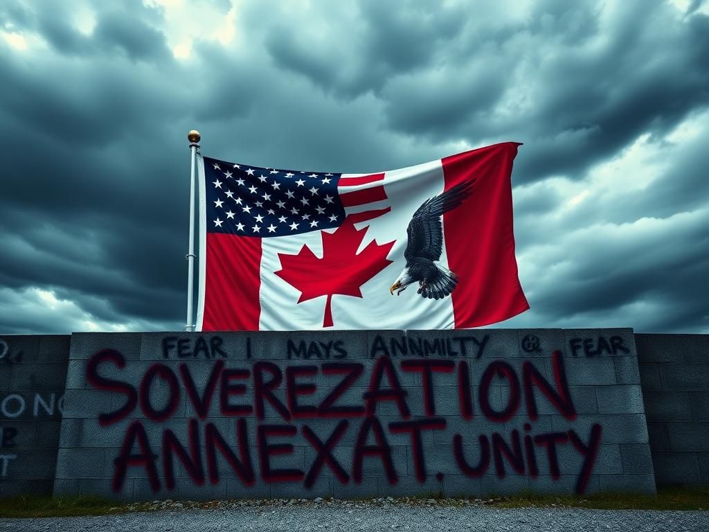 Flick International Canadian and American flags intertwined against a stormy sky