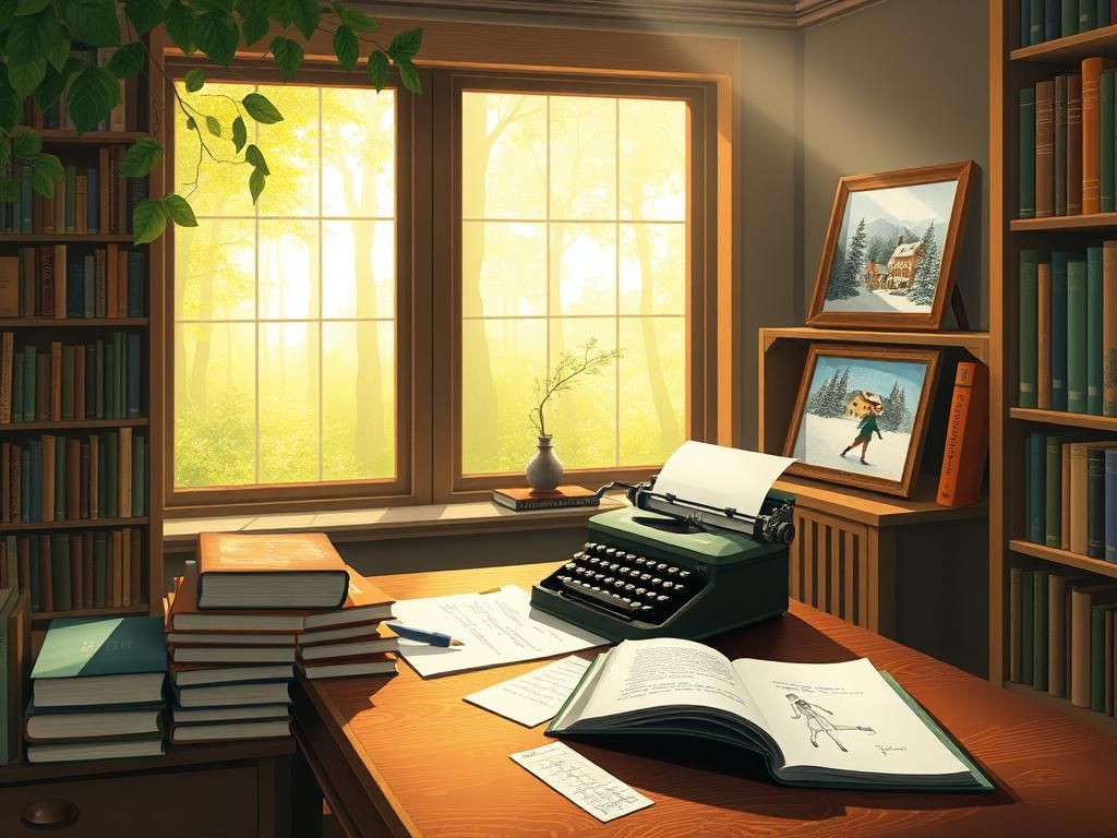 Flick International Cozy library scene with wooden desk and vintage typewriter