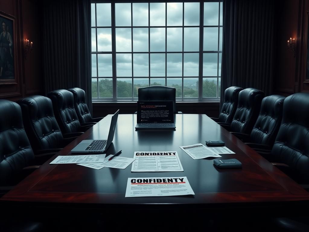 Flick International Empty National Security Council conference room with a flickering laptop and scattered confidential documents