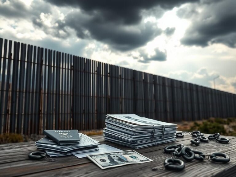 Flick International Large border wall with passports and immigration documents in the foreground, symbolizing the immigration debate