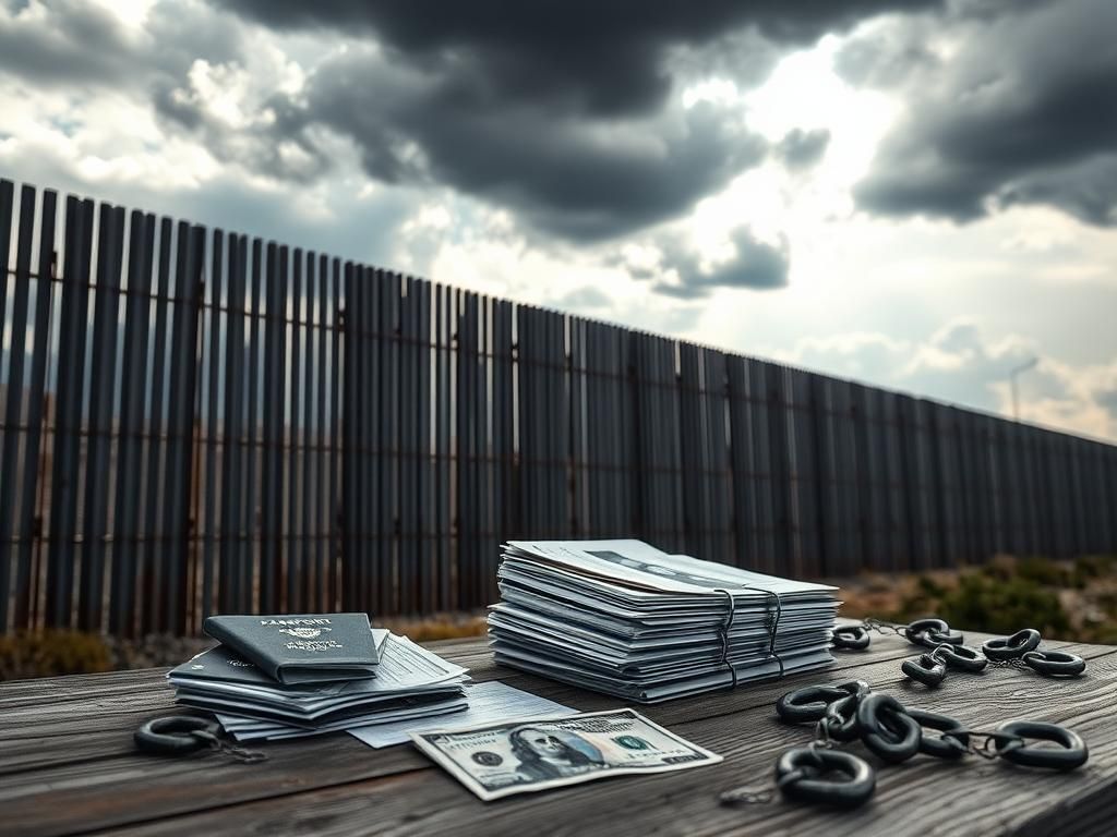 Flick International Large border wall with passports and immigration documents in the foreground, symbolizing the immigration debate