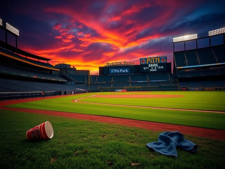 Flick International Dramatic view of the PNC Park field at sunset with an empty grandstand and warning track.