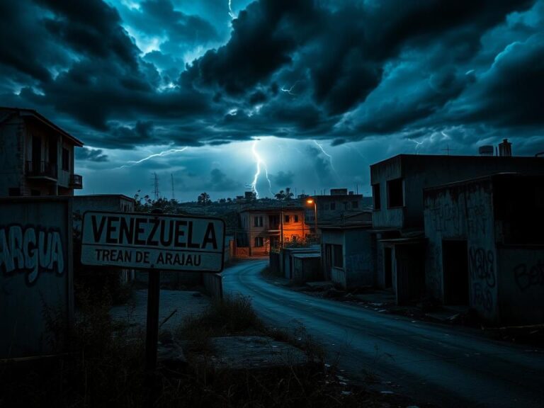 Flick International Crumbling urban landscape in Venezuela under stormy skies