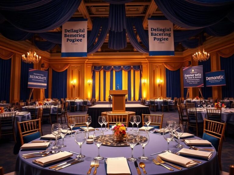 Flick International Elegant banquet hall set for a political fundraiser featuring opulent decor and a grand podium.