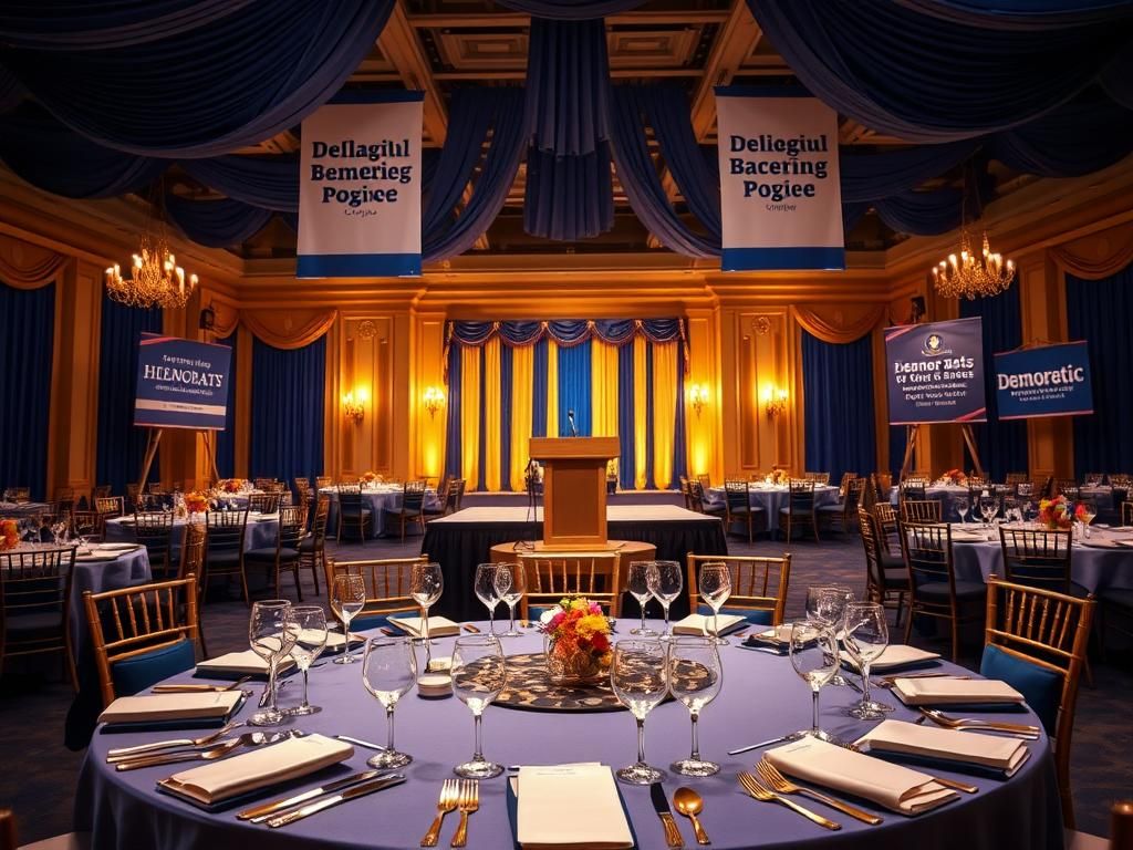 Flick International Elegant banquet hall set for a political fundraiser featuring opulent decor and a grand podium.