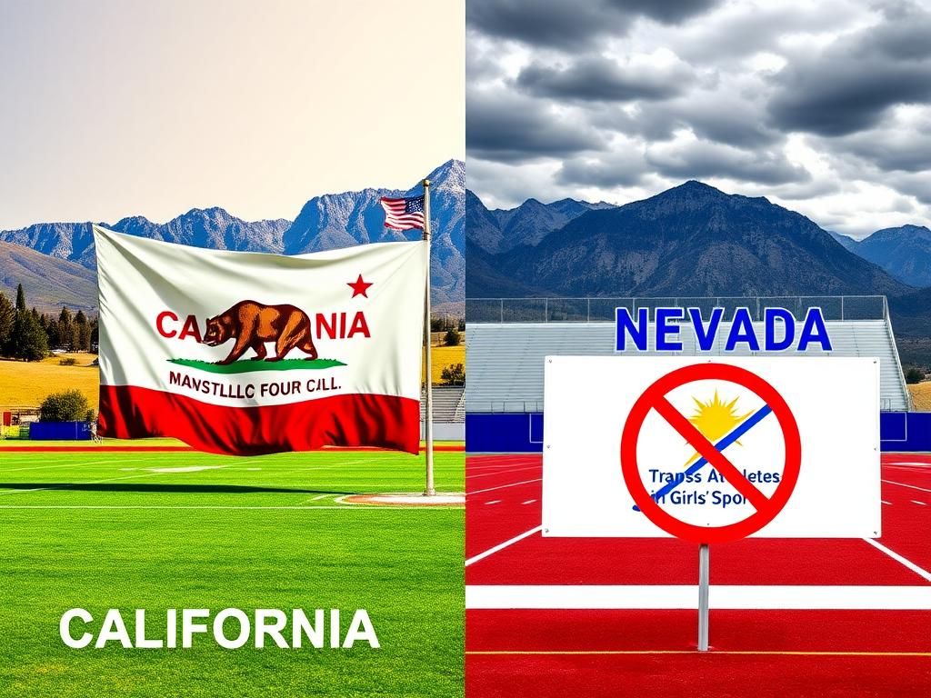 Flick International Split scene showing California and Nevada high school sports environments highlighting the conflict over trans athlete participation