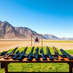 Flick International A stark empty shooting range under a blue sky with firearms displayed on a wooden table