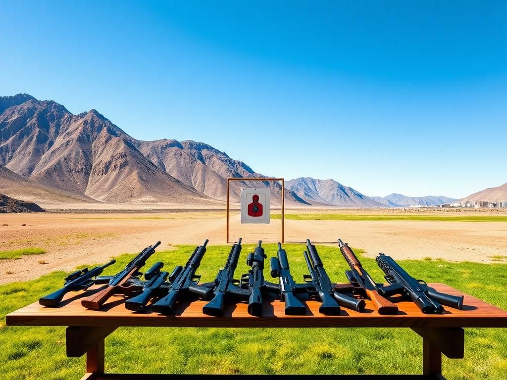Flick International A stark empty shooting range under a blue sky with firearms displayed on a wooden table