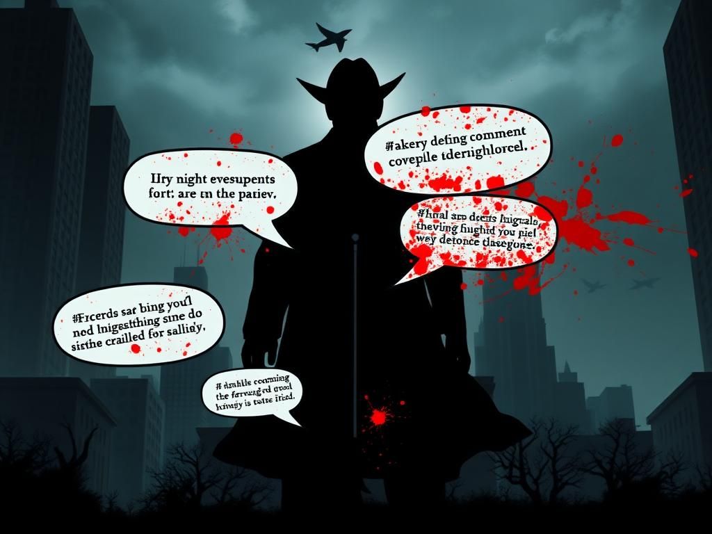 Flick International Shadowy silhouette of a menacing figure looming over a distant small figure in an urban landscape