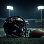 Flick International Baltimore Ravens football helmet on a dark field under dim lights