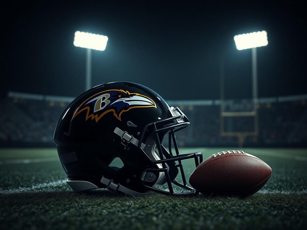 Flick International Baltimore Ravens football helmet on a dark field under dim lights