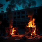 Flick International Dramatic view of a university building at dusk with flaming dumpsters symbolizing protest unrest