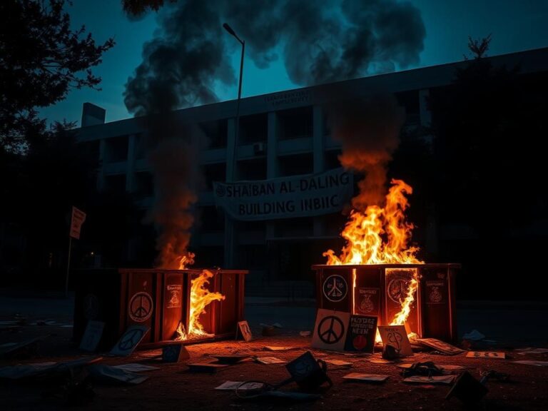 Flick International Dramatic view of a university building at dusk with flaming dumpsters symbolizing protest unrest