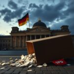 Flick International Overturned ballot box on cobblestone pavement outside the Reichstag in Berlin at dusk