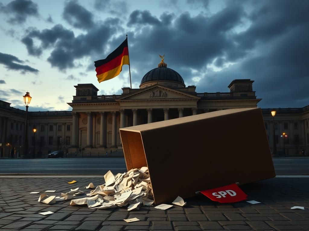 Flick International Overturned ballot box on cobblestone pavement outside the Reichstag in Berlin at dusk